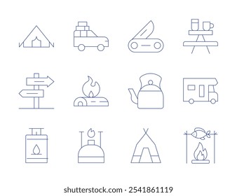 Camping icons. Thin Line style, editable stroke. swiss knife, tent, camping table, caravan, fish, car, firewood, gas, camping tent, directional sign, kettle.