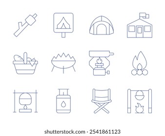 Camping icons. Thin Line style, editable stroke. bonfire, campfire, fire, gas stove, cooking, folding chair, picnic basket, pot on fire.