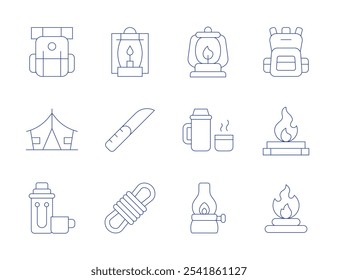 Camping icons. Thin Line style, editable stroke. backpack, bonfire, camping, oil lamp, pocket knife, rope, lantern, thermo flask, tent.