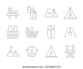 Camping icons. Thin Line style, editable stroke. hiking, tent, cooking pot, folding chair, vest, picnic basket, pot on fire, sleeping bag.