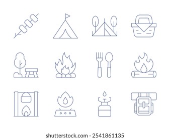 Camping icons. Thin Line style, editable stroke. basket, bonfire, camping, firewood, gas stove, camping tent, cutlery, gas, marshmallows, picnic table, pot on fire.