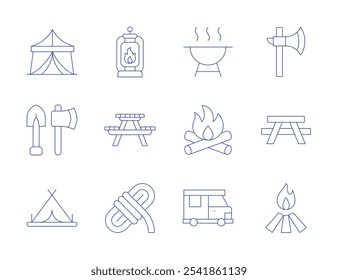 Camping icons. Thin Line style, editable stroke. axe, bench, bonfire, oil lamp, picnic, rope, barbecue, camper van, tent, tools.