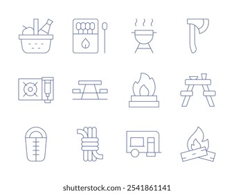Camping icons. Thin Line style, editable stroke. axe, bench, bonfire, matches, picnic table, rope, barbecue, camper van, picnic basket, portable, sleeping bag.