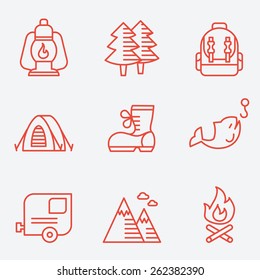 Camping icons, thin line style, flat design