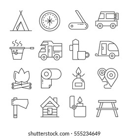 camping icons in thin line style on white background