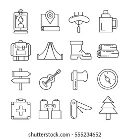 camping icons in thin line style on white background