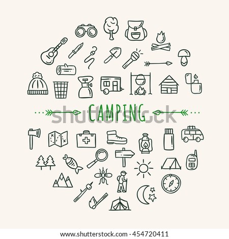 Camping icons. Travel symbols: camping, nature and forest doodles