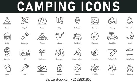 Camping Icons vector illustration with thin line editable stroke containing cooking bear wildlife hiking location compass cabin campfire barbecue road trip marshmallow picnic table axe RV