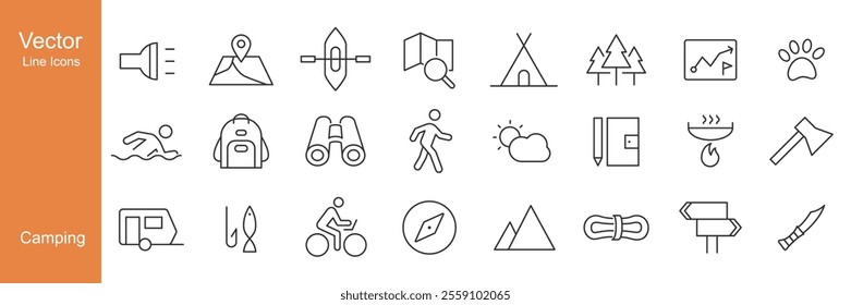 Camping Icons - Vector Line. Editable Stroke.