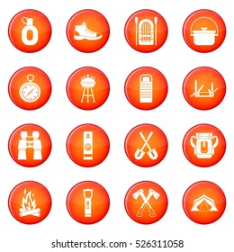 Camping icons vector set of red circles isolated on white background