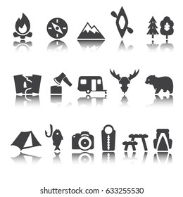 Camping icons vector set, trekking sign. shadow reflection.