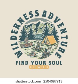 Camping Ilustración Aventura Diseño gráfico Wilderness Camp Fire Vintage Axe Badge Vida al aire libre