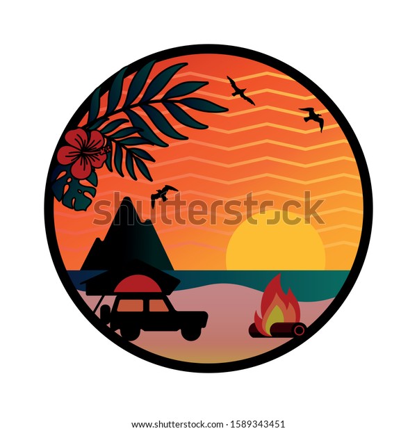 Camping illustration at the\
beach