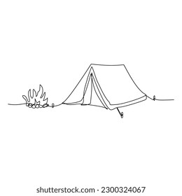 camping illustration with campfire continuous single line