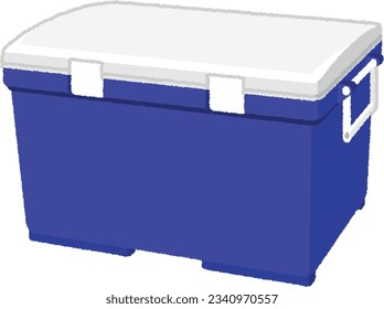 camping illustration. The cooler is a portable bag-type cooling box. The plastic case is surrounded by insulation, which keeps the temperature constant.