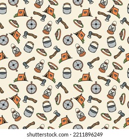 camping illustration doodles equipment seamless graphic pattern design vintage mono line
