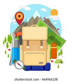 camping illustration is flat, villa holidays, hiking. set