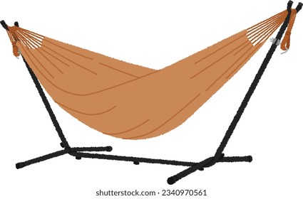 camping illustration. A hammock is a sturdy net or cloth that is tied together at both ends and hung from a wall, pillar, or outdoors between trees to sleep or relax.