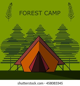 Camping illustration made in flat style. Vector campsite with tent and nature around.