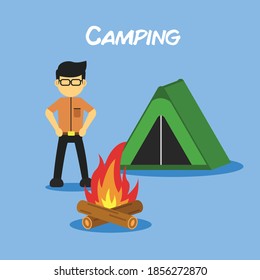 Ilustración de acampada. Vector de hombre con vectores de tienda y vectores de fuego.
