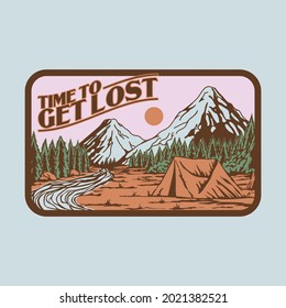 Camping illustration in mountain forest with a retro vintage feel, this image is intended for those of you who like camping and hiking, this image is suitable for emblems and t-shirt designs