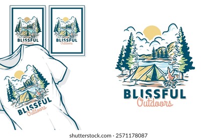 camping illustration mountains graphic lake design summer badge summer vintage drawing cartoon forest, design t shirt and poster