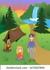 Ilustración del camping. Naturaleza, niños, tienda de campaña y fuego. Viajar