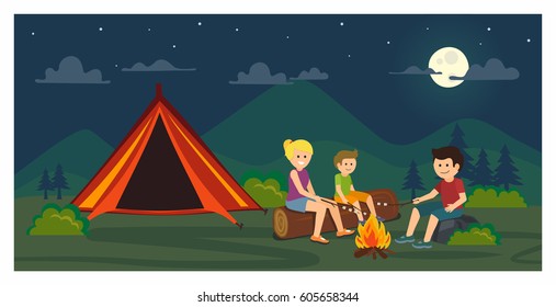 Camping illustration outdoor activity concept. Evening camp. Flat design.Vector