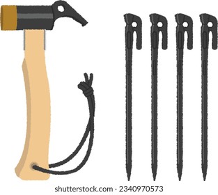 camping illustration. A peg hammer is a hammer used to drive pegs into the ground. There are metal ones as well as plastic ones.