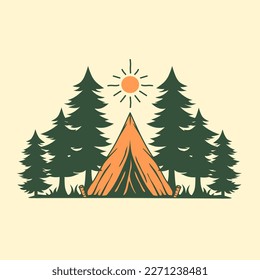 ilustración de camping en pinares, vector exterior y silueta forestal