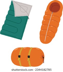 camping illustration. A sleeping bag is a bag-shaped portable bedding. In addition to being used in tents during camping and mountain climbing, it is also used as a disaster prevention item.