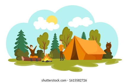 Camping illustration with summer forest cartoon