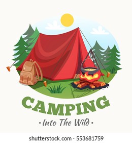 Camping illustration with summer forest cartoon style round composition with tent campfire backpack images and text vector illustration