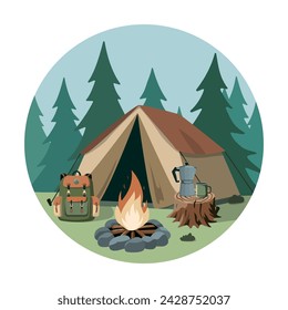 Camping illustration with summer forest composition with campfire, tent, backpack and coffee. Vector round illustration. Isolated on white background