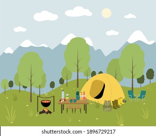 Camping illustration with tent, backpack, bonfire, firewood, mountains, forest and picnic. Flat vector illustration for tourism, camping or hiking.