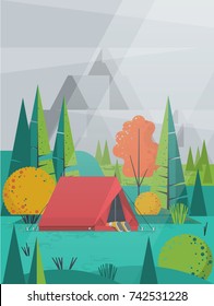 camping illustration with a tent in the forest