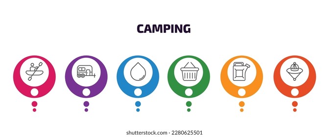 camping infographic template with icons and 6 step or option. camping icons such as rafting, caravan, water, basket, gasoline, explorer hat vector. can be used for banner, info graph, web,