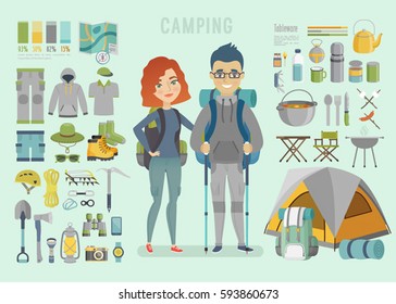 Camping infographic. Young couple, ready for adventure.