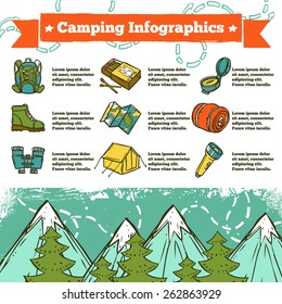 Camping infographics sketch set with outdoor recreation icons and mountains on background vector illustration