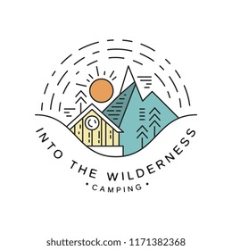 Camping into the wilderness logo design, travel, adventure, alpinism, mountaineering and outdoor activity emblem vector Illustration