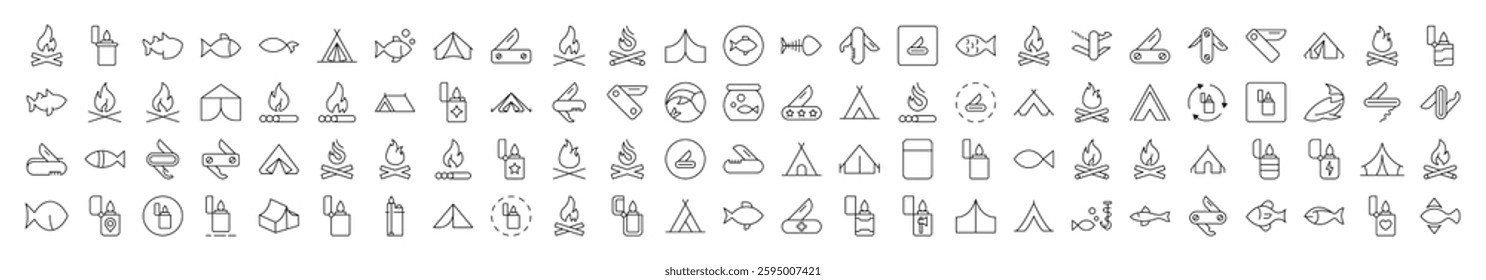 Camping Isolated Images Set. Contains such Elements as Bonfire, Fish, Folding Knife, Tent, Lighter. It Can Be Used for Interface, Posts, Advertisements, Various Cards