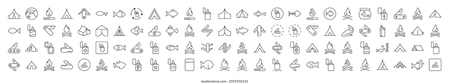 Camping Isolated Line Icons. Contains such Elements as Bonfire, Fish, Folding Knife, Tent, Lighter. It Can Be Used for Interface, Posts, Advertisements, Various Cards