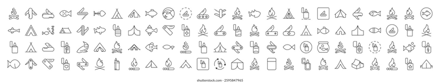 Camping Isolated Vector Images. Contains such Elements as Bonfire, Fish, Folding Knife, Tent, Lighter. It Can Be Used for Interface, Posts, Advertisements, Various Cards