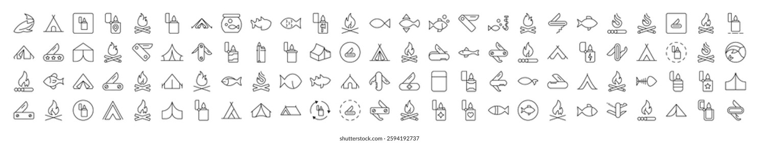 Camping Isolated Vector Line Icons. Contains such Elements as Bonfire, Fish, Folding Knife, Tent, Lighter. It Can Be Used for Interface, Posts, Advertisements, Various Cards