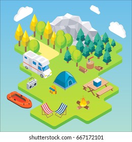 Camping isometric concept. Vector illustration in flat 3d style. Outdoor camp activity. Travel by camper in mountains.