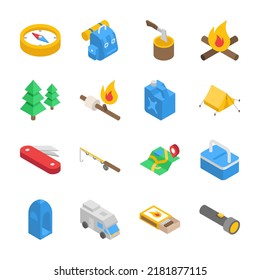 Camping isometric icons set. Outdoor recreation, outdoor living equipment. Objects collection.