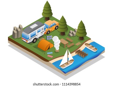 Camping. Isometric. Isolated on white background. Vector illustration.
