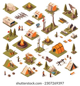 Camping isometric vector set isolated