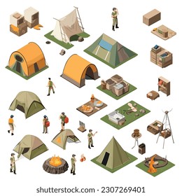 Camping isometric vector set isolated