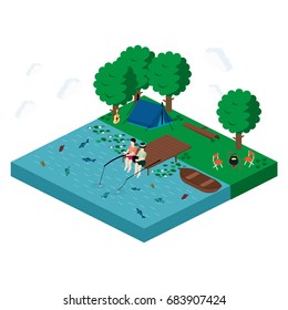 Camping Isometric View Landscape with People, Friendship, Outdoor Summer Tourism Vector illustration